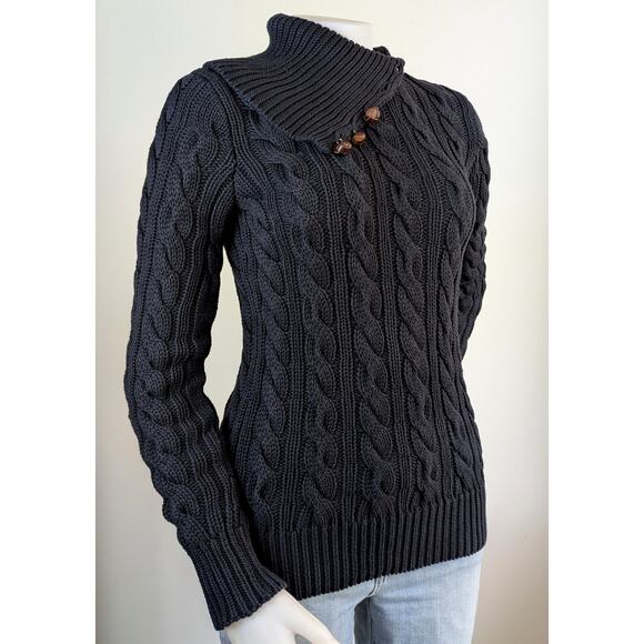 Ralph Lauren Womens Sweater Small Black Cable Knit Turtleneck Leather Buttons - Picture 3 of 10